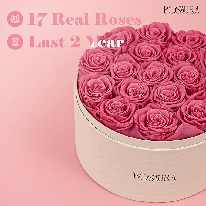 Rosaura Round Preserved Roses Gift Box - Real Forever Flowers for Birthday, Valentine's & Mother's Day (Pink, 17 Roses)