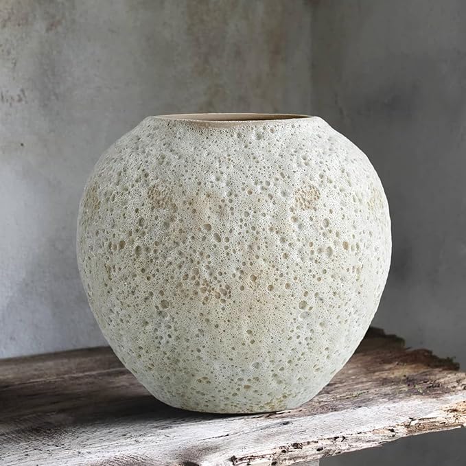 Rustic White Ceramic Vase Farmhouse Round Flower Clay Pottery Large Terracotta Floor Vases for Decorative Centerpiece Vintage Home Decor Aesthetic for Living Room Bedroom Table Entryway