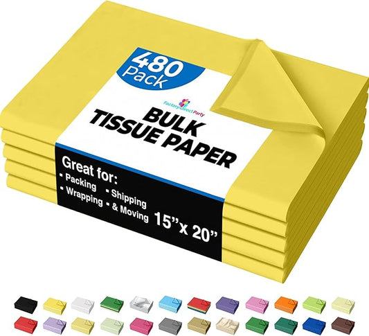 Party Solids Yellow Tissue Paper for Gift Bags - 15" X 20" Bulk Tissue Paper Yellow 480 Sheets - 10lb Newsprint for Packing, Birthday Gift Box Filler, Packing Supplies for Moving Supplies