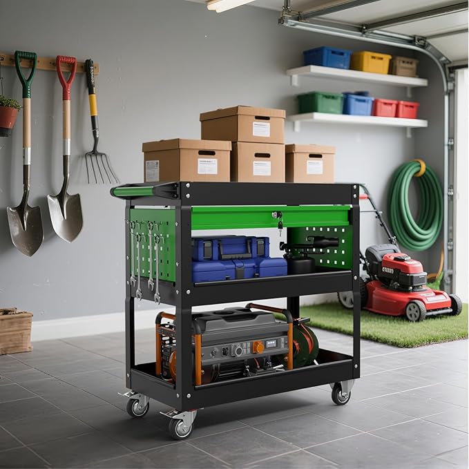 3 Tier Rolling Tool Cart on Wheels, 450 LBS Capacity Tool Cart with Drawers, Heavy Duty Rolling Utility Cart on Wheels, Rolling Work Carts for Garage, Warehouse and Repair Shop,Black Green