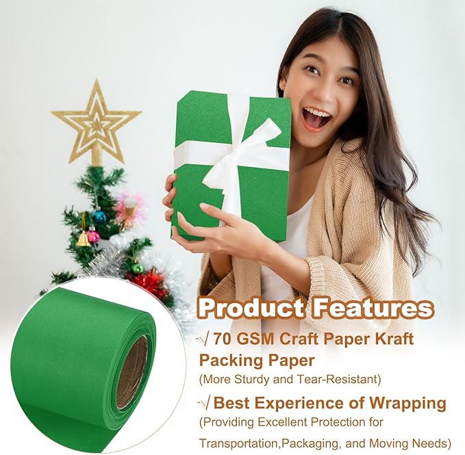 PATIKIL Wrapping Paper, 20" x 300"(25') 70 GSM Craft Paper Roll Kraft Packing Paper for Poster Bulletin Board, Gift Wrapping, Green