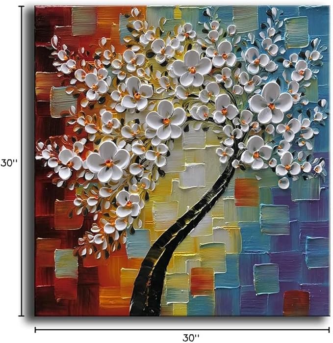 YaSheng Art -3D handmade paintings textured wall art Oil Painting On Canvas white Flowers Paintings Modern Home living room Wall Art Abstract canvas art picture Ready to hang 30x30inch