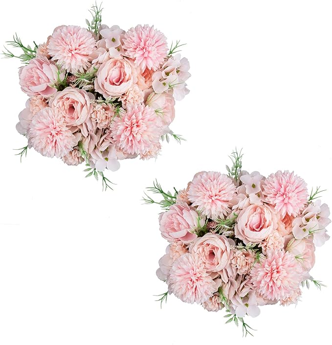 DDcafor Artificial Flowers, 4 Packs Pink Fake Peony Silk Hydrangea Bouquet Decor Plastic Carnations Daisy Realistic Flower Home Office Party Decor Arrangements Wedding Decoration Table Centerpieces