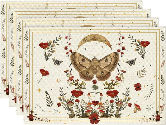 Artoid Mode Beige Poppy Moth Moon Placemats Set of 4, 12x18 Inch Floral Spring Table Mats for Outdoor Home Party Kitchen Dining Decor