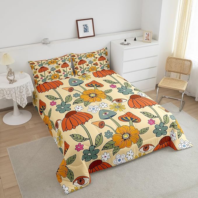 Castle Fairy Retro Flowers Comforter Set Twin Size,70s Floral Mushroom Quilt Set for Kids Boys Bedroom Collection,Art Hippie Plant Eye Print Polyester Bedding with 1 Pillowcase,2Pcs