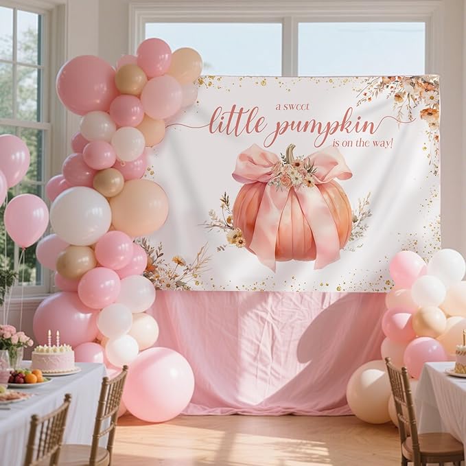 Sweet Little Pumpkin Baby Shower Backdrop for Girls Floral Pink Bowknot Golden Glitter Fall Photography Background Newborn Baby Shower Party Decoration Supplies Banner Photo Booth Props 7x5ft