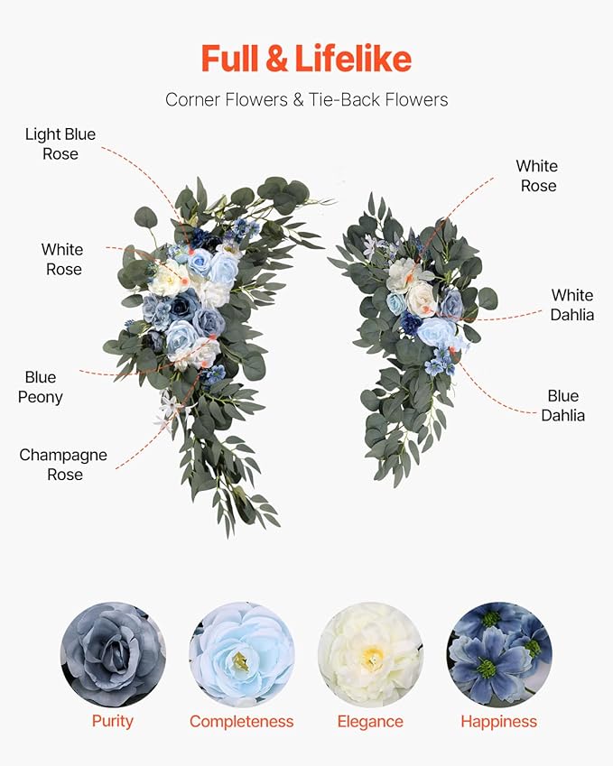 VEVOR Artificial Wedding Arch Flowers Kit, Blue Wedding Arch Flowers with Drapes Kit -2 Pcs Floral Arrangement, 2 Pcs Sheer Drapes, for Ceremony Bouquets Reception Backdrop Decoration（No Include Wood