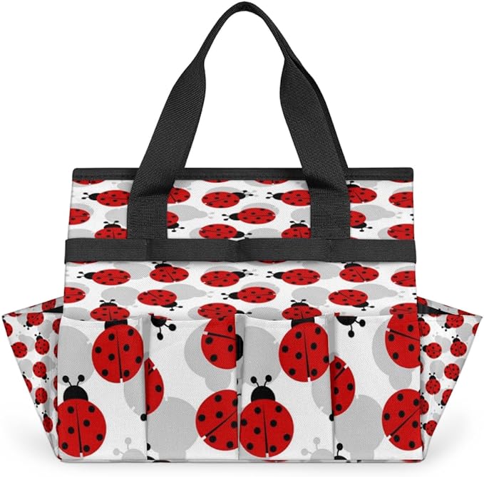 Ladybugs Pattern Garden Tool Tote Bag for Women Men Gardening Tool Storage Bags with 10 Pockets Standable Garden Home Tool Kits Organizer for Indoor Outdoor Gardening Gifts