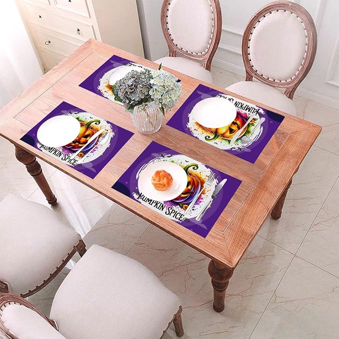 PVC Placemats Set of 6 Wipeable Table Mats Washable Heat Resistant Non Slip Vinyl Dining Table Mat for Kitchen Indoor Outdoor Patio Farmhouse Place Mats Funny Purple Halloween Pumpkin Decorative