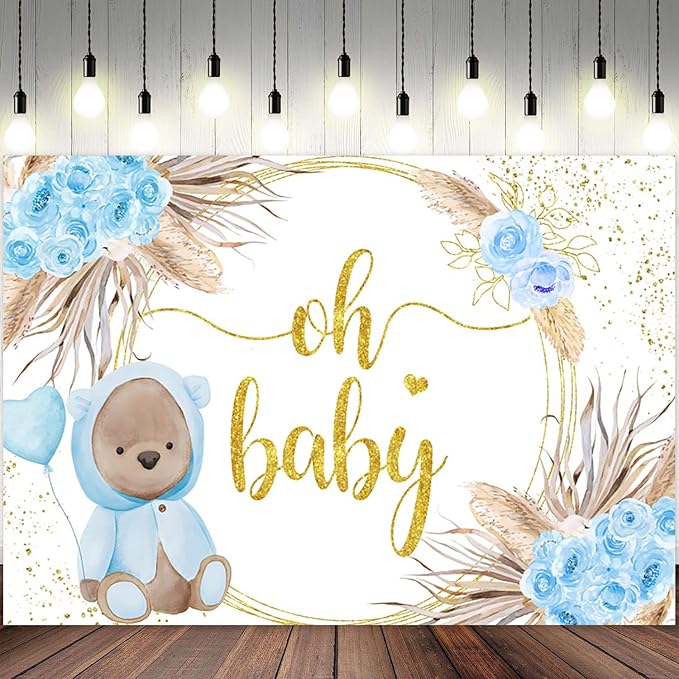 8x6ft Baby Shower Backdrop Oh Baby Photography Background Bear Blue Flowers Boho Leaves Heart Balloon Gold Dots Kid Birthday Party Banner Decorations Newborn Gender Reveal Photo Booth Prop