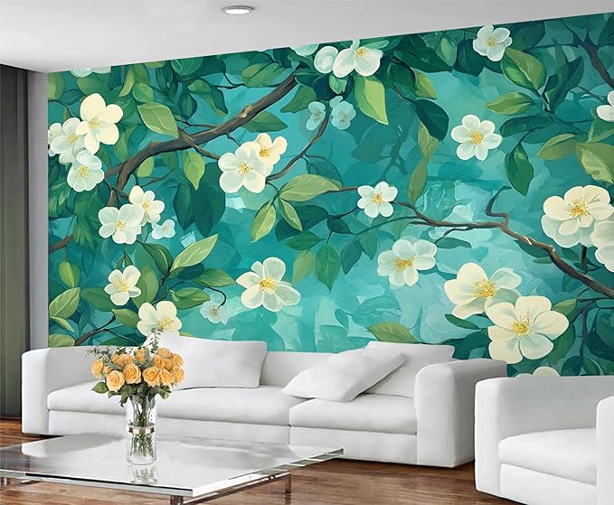 Jasmine Blossom Wall Mural, Elegant Floral Landscape 3D Wall Murals, Nature Turquoise Botanical Wallpaper Mural, for Living Room Bedroom Large Wallpaper Indoor Decor 59" W x39.4 H