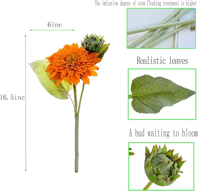 Kimura's Cabin 5Pcs Fake Sunflowers Artificial Silk Flowers Bouquet Long Stems Faux Sunflower Real Touch Chrysanthemum for Wedding Home Garden Birthday Party Indoor Decor(Orange)