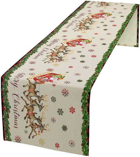 Christmas Table Runner,Xmas Deer Cute Santa Claus Red Plaid Pattern Printed Tablecloth Burlap for Hotel Indoors Outdoor Dining Room Kitchen Home Decor,W13X L70 in