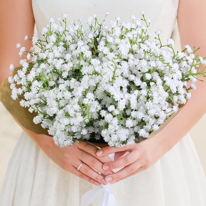 6 Pack Real Touch Artificial Baby's Breath Flowers - 21" Bendable Stems for Wedding Bouquets, Home Centerpieces & Outdoor Decor (Waterproof, Dustproof, White)