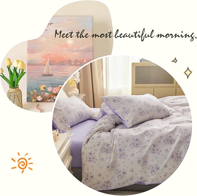 Purple Floral Duvet Cover King Garden Style Purple Flower Comforter Cover 100% Cotton Floral Bedding Set 1 Duvet Cover with 2 Pillowcases Vintage Botanical Aesthetic Comforter Cover with Zipper Ties