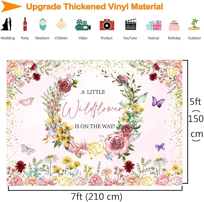 Pink Floral Wildflower Baby Shower Backdrop Banner Party Decorations for Girls,A Little Wildflower is On The Way Banner Wild Flower Theme Baby Shower Backdrops Background Photoshoot Props 7x5ft