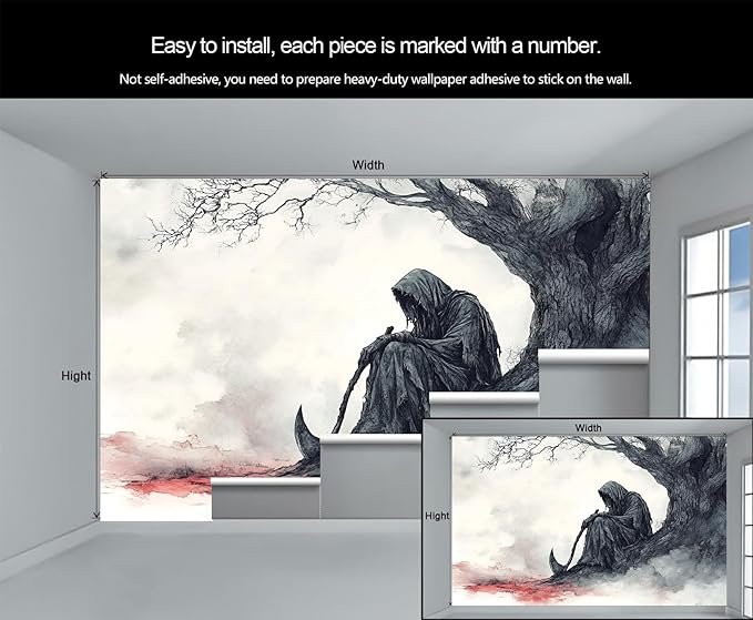 Grim Reaper Sitting Tree Wall Mural, Gothic Death 3D Wall Murals, Gothic Halloween Themed Wallpaper Mural, for Living Room Bedroom Large Wallpaper Indoor Decor 169.3" W x118.2 H