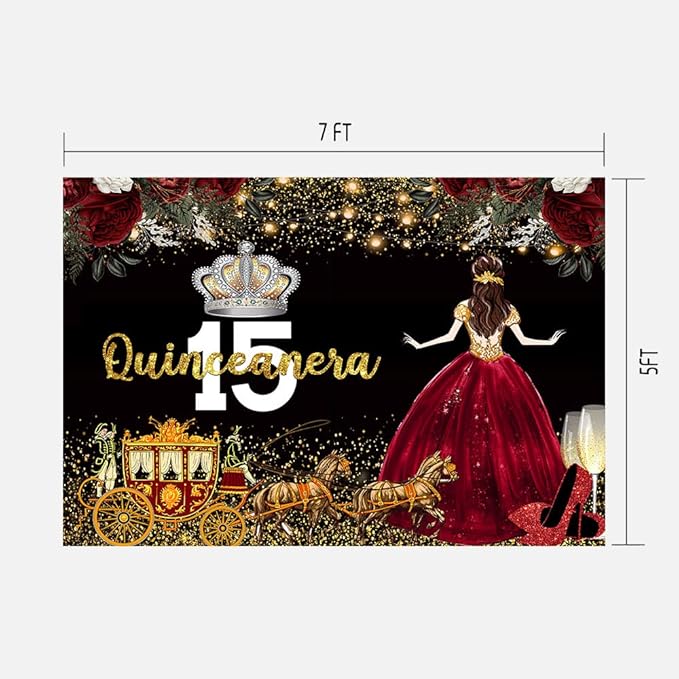 Red Dress Rose Flower Backdrops, 7x5ft, Quinceanera Birthday Backdrop, Girl Princess Happy 15th Bday Carriage Photography Props Cake Table Banner BJLSLU301