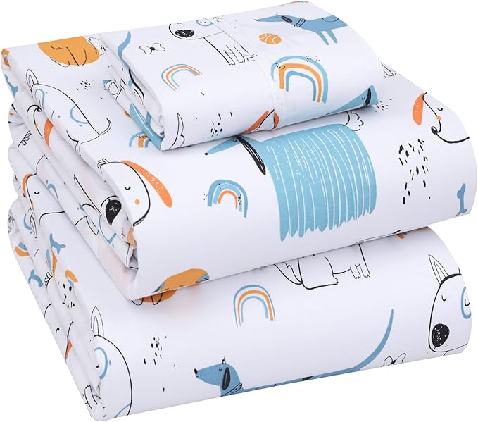 RUVANTI 100% Cotton Twin Sheets Set, 3 Pieces, Soft & Breathable Percale Weave Bedding, Deep Pocket 16", Hotel Standard, Crisp Cool Feel, Durable, Perfect Floral Bed Sheet, Puppy Me