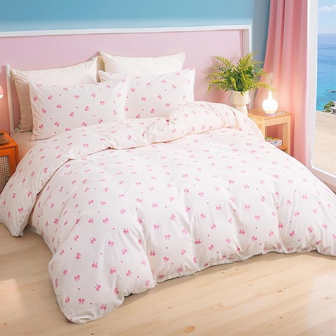 Pink Bow Duvet Cover Set Queen 100% Nature Cotton Duvet Cover 3 Pcs Girls Cute Comforter Cover with Zipper Closure Ultra Soft Breathable Bedding Set for All Seasons