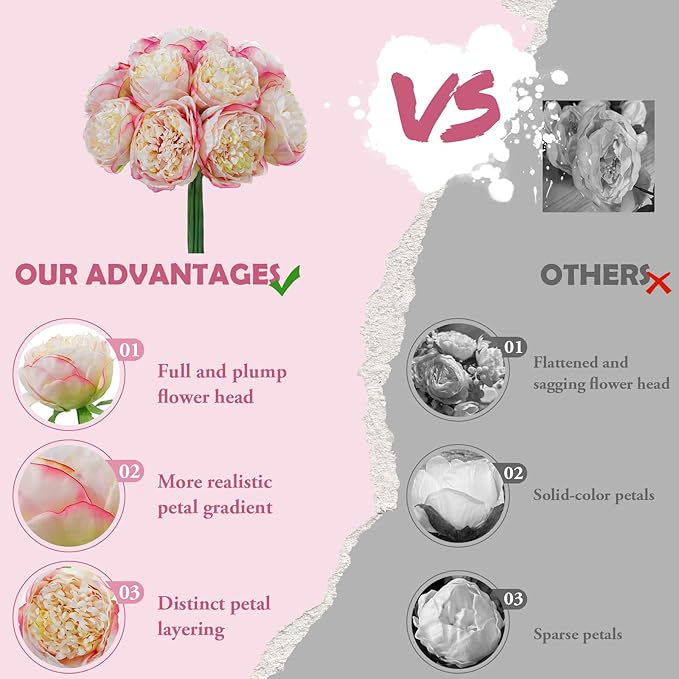 10PCS Champagne Purple Realistic Artificial Flowers Peony Fake Silk for Home Office Wedding Table Centerpieces Party Festival Bar Decoration Indoor