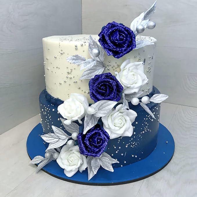 IPOPU Foam Roses, 25pcs Royal Blue Roses Glitter Flowers Artificial Rose with Stem for DIY Wedding Bridal Bouquet Home Party Decoration(Royal Blue)