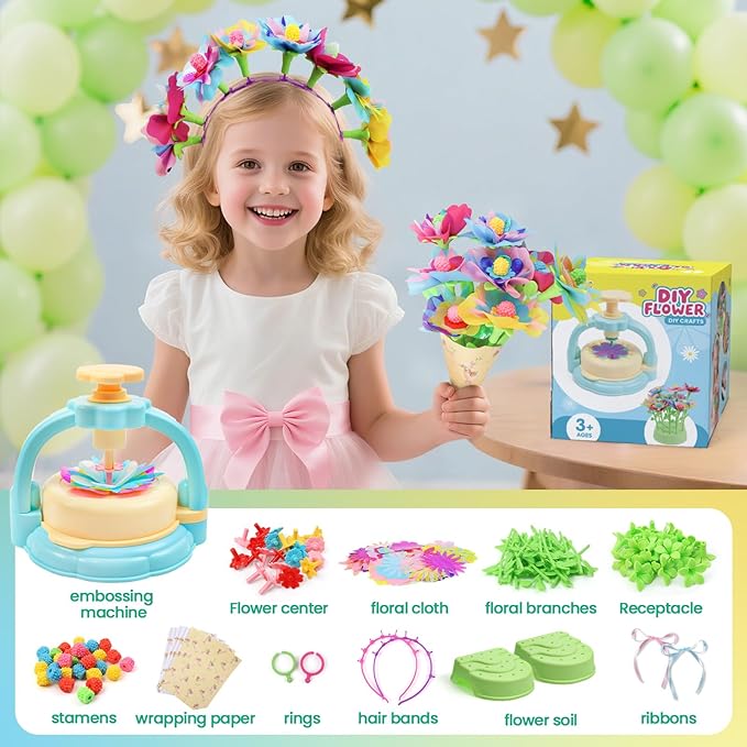 Flower Craft Kit for Kids Ages 4-8 – DIY Fabric Bouquet Toy for Girls and Boys – No Glue Reusable STEM Gift – Make 32+ Flowers – Birthday Arts & Crafts Activity