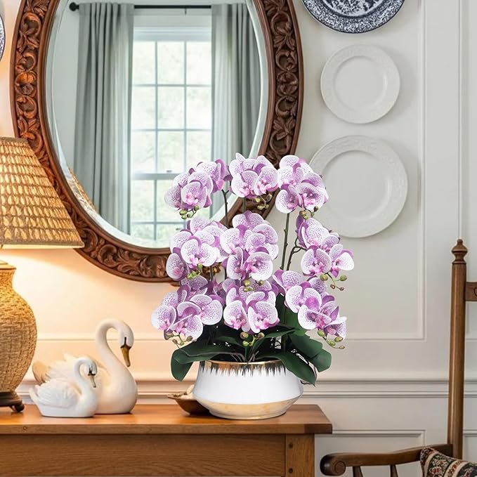 CXGS Orchids Artificial Flower Real Touch Faux Orchid in Large Ceramic Vase Realistic Fake Phalaenopsis Floral Arrangements Centerpiece Table Home Indoor Decor