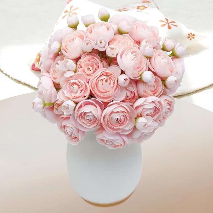 24 Pcs Ranunculus Artificial Flowers 10.5", Mini Faux Silk Ranunculus with Stem, Fake Flowers for Home Decor Indoor Wedding Bouquets Centerpieces (Blush Pink)