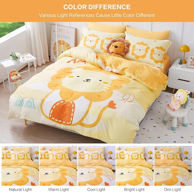 SAPHREAS Cartoon Lion Printed Kids Duvet Cover Set 4pcs with Fitted Sheet Queen Size Yellow Animal Pattern Cotton Children Comforter Cover Set, Comforter Not Included