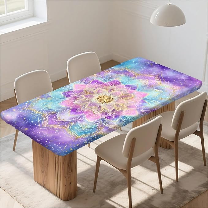 Rectangle Table Cloth Cover Waterproof Elastic Fitted Polyester Fitted Tablecloths for 4 Foot Tables for Indoor,Picnic, Camping, Outdoor （48" x 24"，Datura）