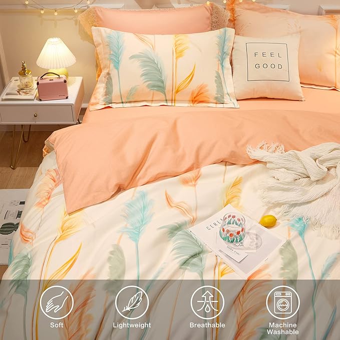 SAPHREAS Plant Reeds Printed Duvet Cover Set 3pcs King Size Cotton Beige Orange Bedding Comforter Duvet Cover Set 1 Duvet Cover 2 Pillow Shams