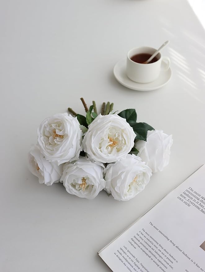 6Pcs Fake Austin Rose Peonies Flowers with Vase, Clear Glass Vase with White Real Touch Peonies Artificial Flowers Home Decor(White)