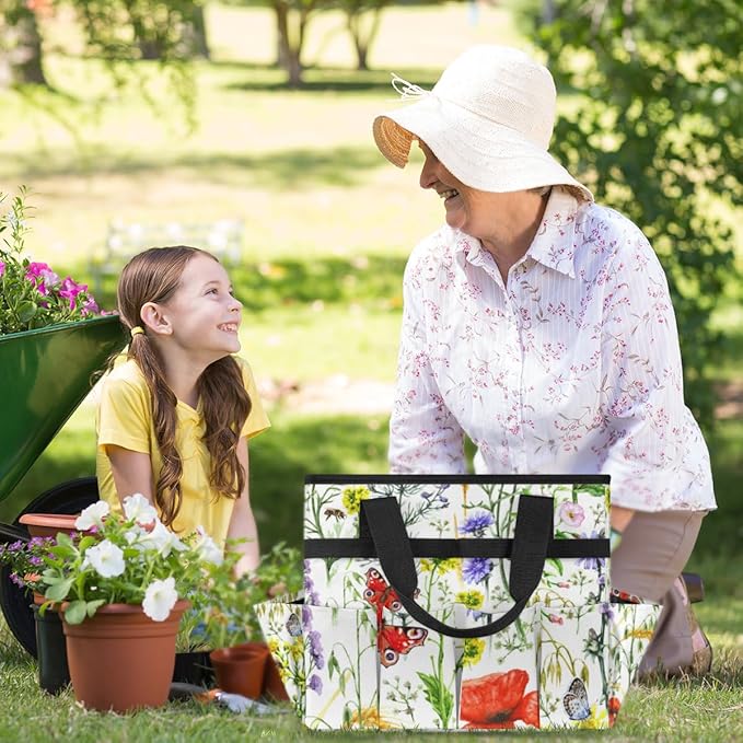 Garden Tool Tote Bag for Women Men Flower Butterfly Bee Gardening Tool Storage Bags with 10 Pockets Standable Garden Home Tool Kits Organizer for Indoor Outdoor Gardening Gifts
