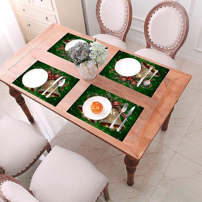 PVC Placemats Set of 6 Wipeable Table Mats Washable Heat Resistant Non Slip Vinyl Dining Table Mat for Kitchen Indoor Outdoor Patio Farmhouse Place Mats Green Christmas Bell Decorative
