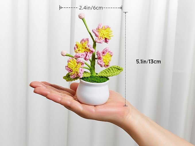 Handmade Pink Crochet Flowers Cute Potted Flower Plants, Gifts for Women, Birthday, Teacher, Anniversary, Valentines, Christmas, Decor for Dashboard,Home Room Office Decoration(Cherry Blossom)