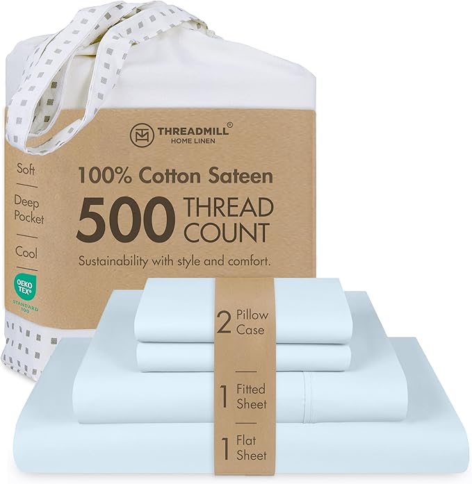 Threadmill Cotton Full Size Sheet Set, Deep Pocket, Fade Resistance, 500 Thread Count, Solid 4-Piece Bed Sheets for Full Size Mattress (1 Flat, 1 Fitted Sheet, 2 Pillow Covers), Light Blue