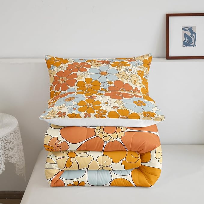 Retro 70s 60s Floral Hippie Bedding Set King Size,Summer Groovy Flowers Comforter Set Room Decor for Couple,Boho Plant Microfiber Down Comforter,2 Pillowcases
