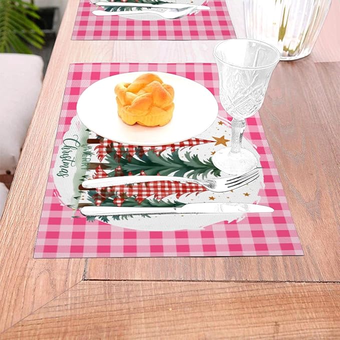 PVC Placemats Set of 4 Wipeable Table Mats Washable Heat Resistant Non Slip Vinyl Dining Table Mat for Kitchen Indoor Outdoor Patio Farmhouse Place Mats Pink Grid Christmas Tree Decorative
