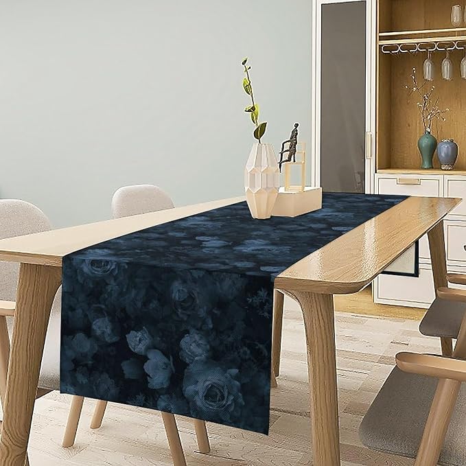 Gothic Flower Table Runner, Dark Navy Blue Flower Rose Vintage Garden Flowers Herbs Print Print Table Cover for Home Holiday Party Indoor Outdoor Decor, 13x120inch
