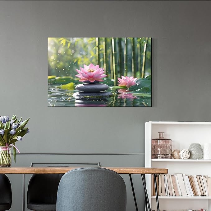 Ethereal pink lotus on obsidian Sunlit bamboo forest with sparkling water drops Poetic nature inspired wall art for tranquil homes and mindful spaces 28x40in Wood Framed