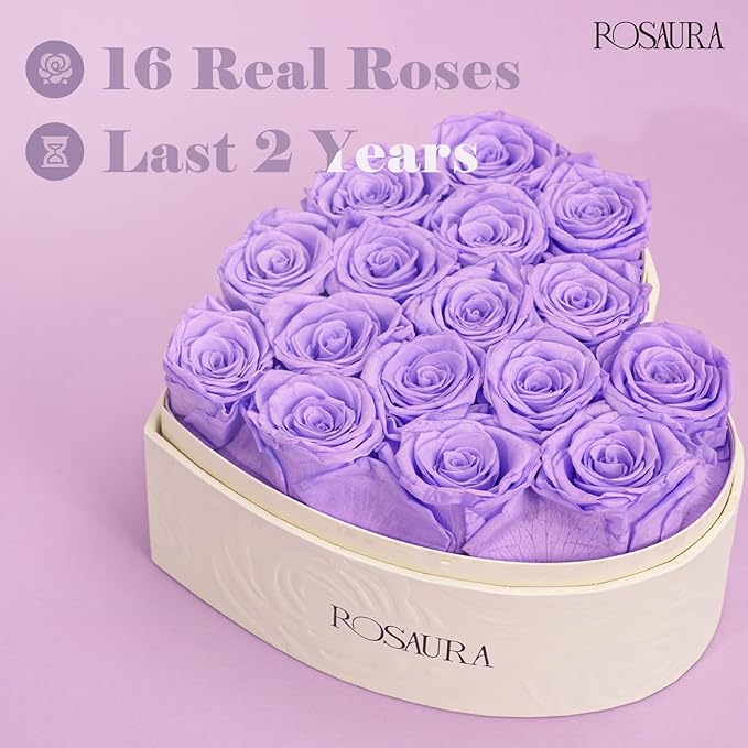Rosaura Heart-Shaped Preserved Roses Gift Box - Real Forever Flowers for Birthday, Valentine's & Mother's Day (Light Purple, 16 Roses)