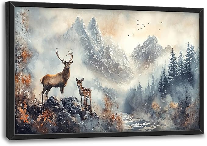 Deer Wall Art Large Wildlife Nature Mountain Landscape Pictures Wall Decor Rustic Cabin Fall Forest Canvas Prints Nordic Painting Framed Artwork Decoration for Bedroom Living Room Office 36"x24"