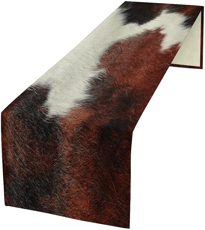 Cow Skin Print Table Runner, Rustic Country Farmhouse Animal Fur Skin Western Farm Black Brown Cowhide Print Dinner Runner Table Decoration for Home Kitchen Dining 13x60in