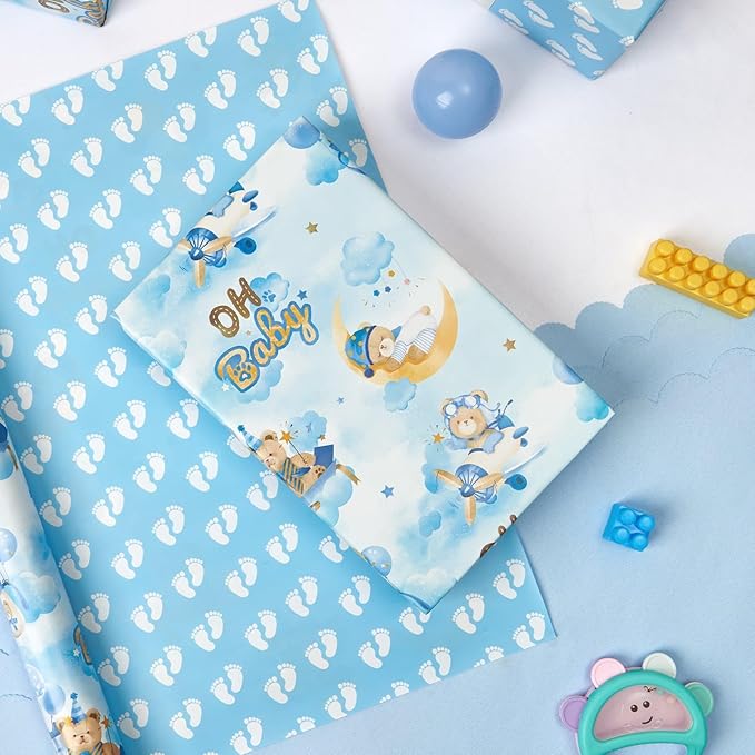 WERNNSAI Baby Wrapping Paper - 1 Roll 17” x 16.4 ft Bear Wrapping Paper for Boy Baby Shower Wrap Paper Blue Bear Gift Wrap Reversible New Born Birthday Present
