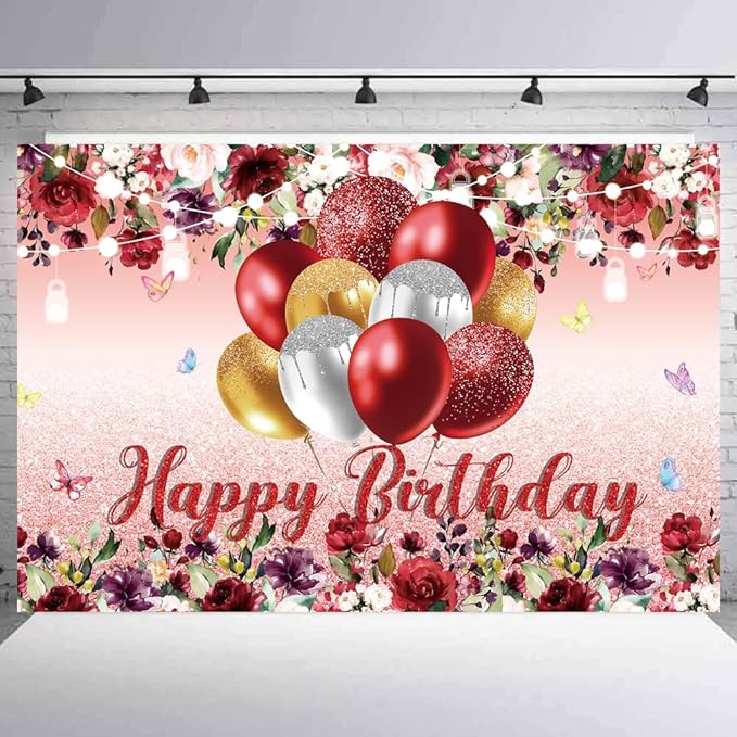 YinQin 180x120 cm Red Golden Flower Happy Birthday Party Photo Backdrops Cloth 71x47 inch Bday Photography Backgrounds Glitter Flower Golden Happy Birthday Sign Banners Decorations for Women Girl