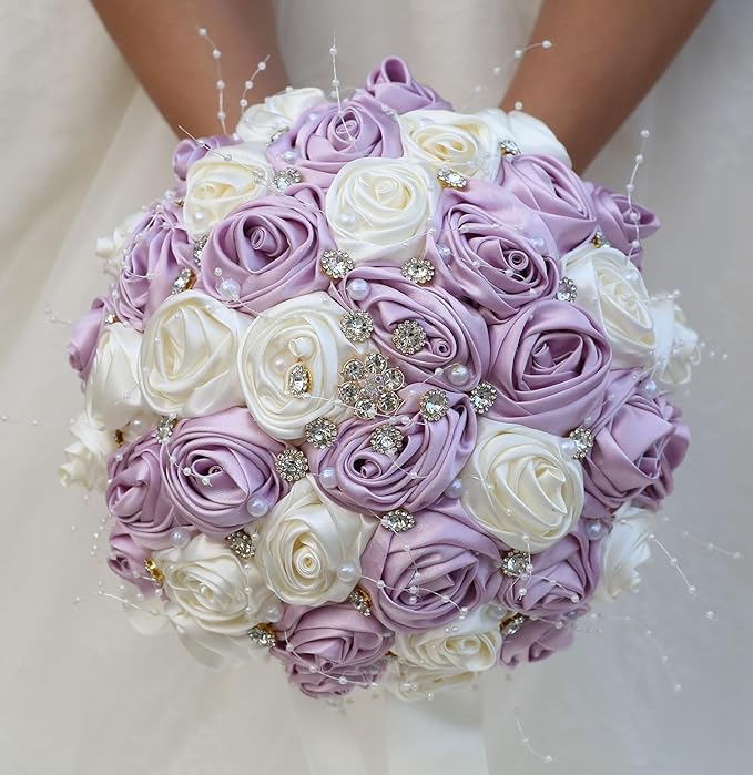 Bridal Wedding Bouquet Round Bling Brooch Bouquet Throw Toss Artificial Rose Flower Bunch for Bride Bridesmaid Wedding Quinceanera(Light Taro Purple & Ivory, 8.7")