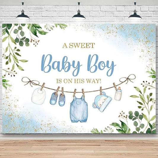 Sensfun Cute Clothes Baby Shower Backdrop for Boys A Sweet Baby Boy is On His Way Banner Greenery Eucalyptus Leaves Welcome Baby Boy Baby Shower Party Decorations Banner Photo Booth Props 5x3ft
