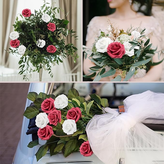200PCS Burgundy & White Artificial Flowers Roses Real Looking Foam Fake Roses with Leaves for DIY Wedding Bouquets Bridal Shower Party Decorations (Wine red & White, 200)