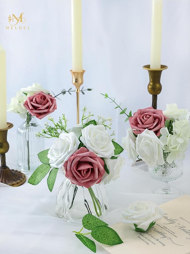 Meldel Artificial Flower 50pcs Real Looking White Rose Fake Foam Roses with Stems for DIY Wedding Bouquets Gifts Bulk Crafts Faux Floral Centerpieces Arrangements Party Home Tables Decorations